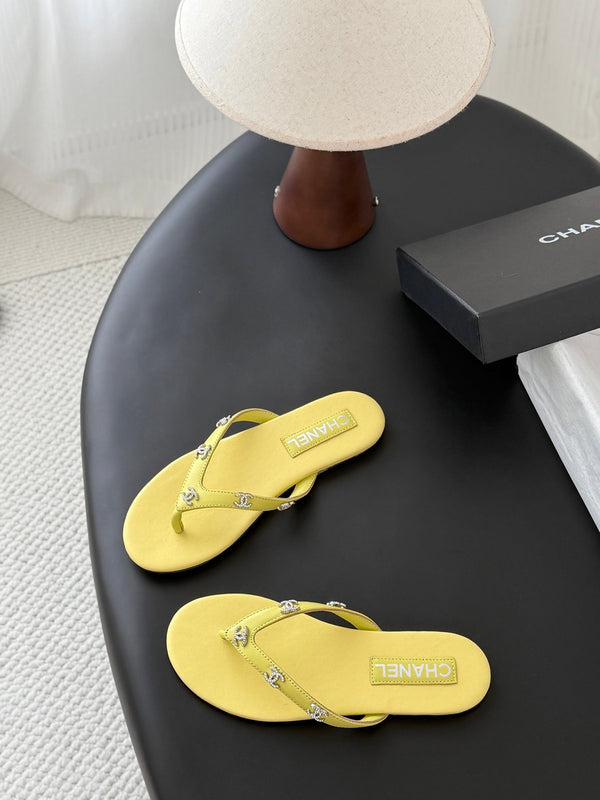 CC Crystal Logo Thong Sandals Yellow Leather 915118