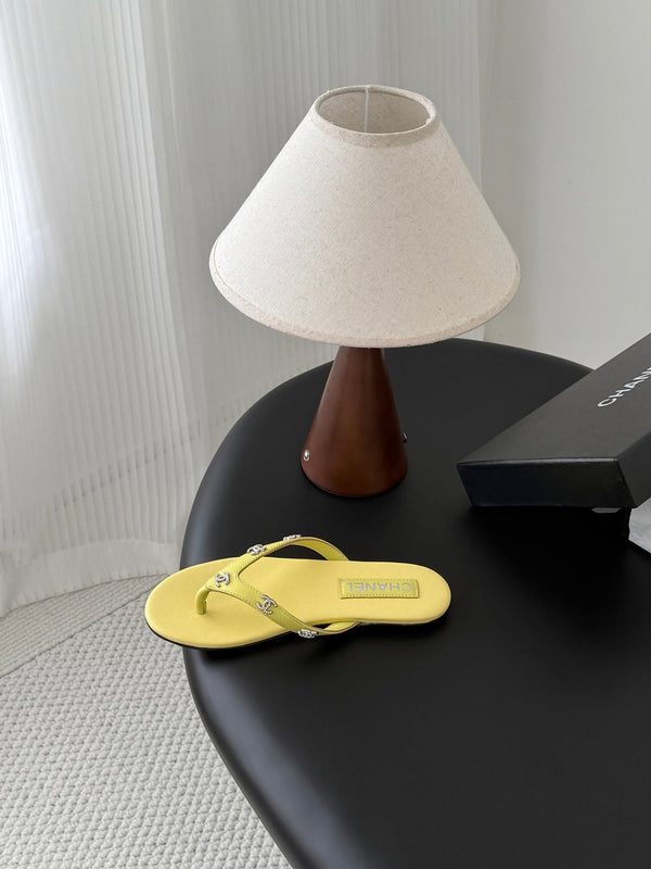 CC Crystal Logo Thong Sandals Yellow Leather 915118