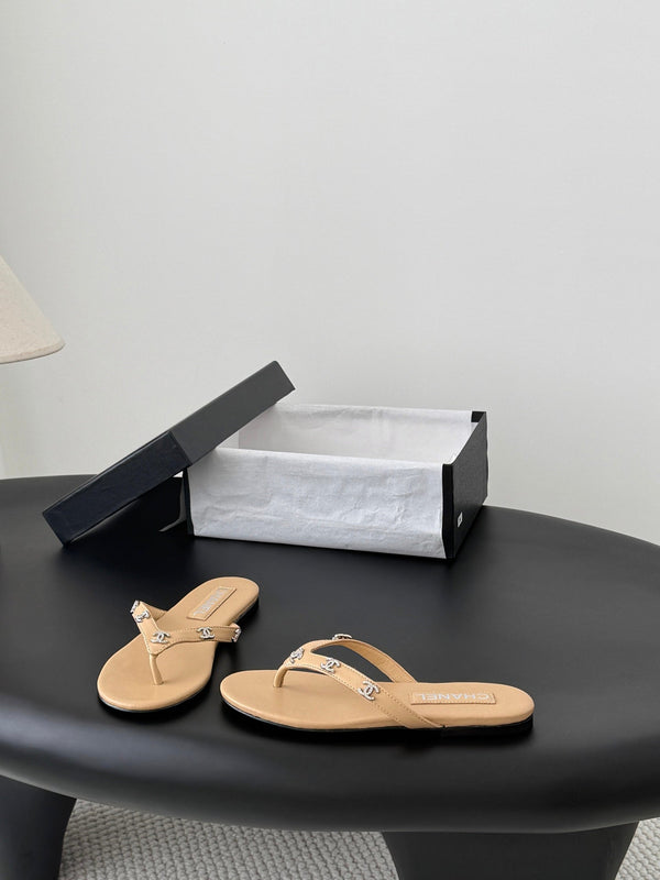 CC Crystal Logo Thong Sandals Beige Leather 915116