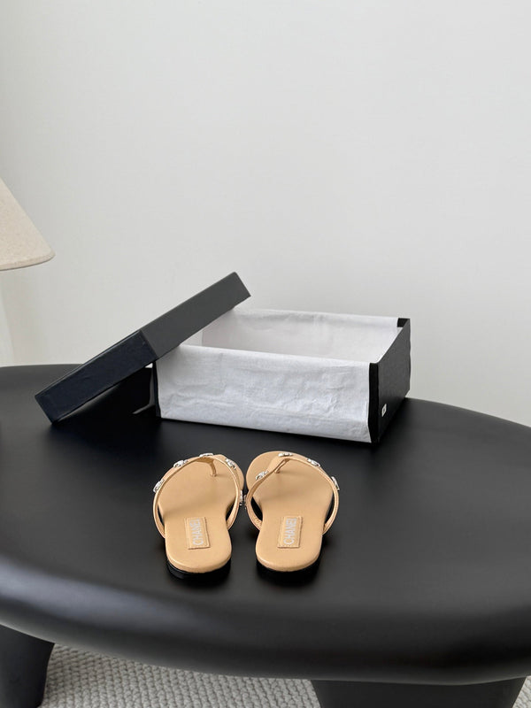 CC Crystal Logo Thong Sandals Beige Leather 915116