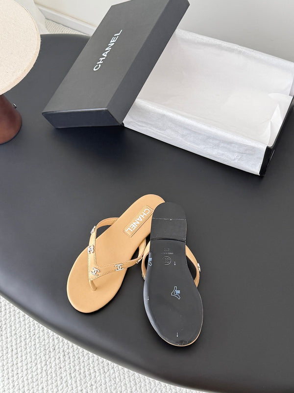 CC Crystal Logo Thong Sandals Beige Leather 915116