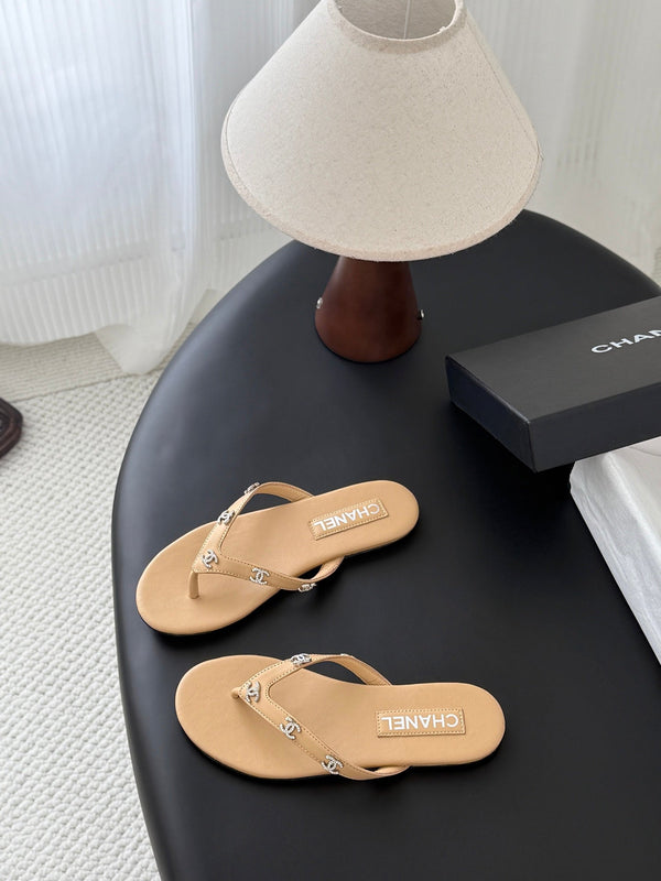 CC Crystal Logo Thong Sandals Beige Leather 915116
