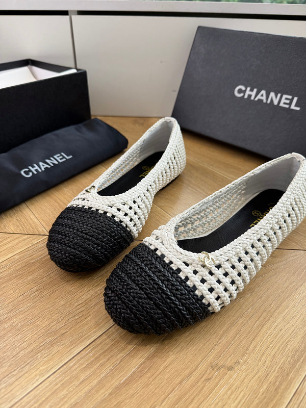 CC Braided Ballet Flats Black White Fabric 916121