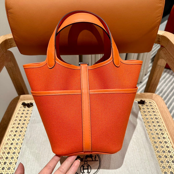 HM Picotin Lock 18CM Pocket Handbag Orange Swift Canvas