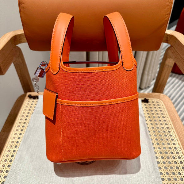 HM Picotin Lock 18CM Pocket Handbag Orange Swift Canvas
