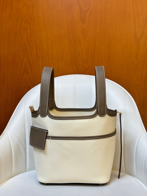 HM Picotin Lock 18CM Pocket Handbag Ivory Etoupe Swift Canvas