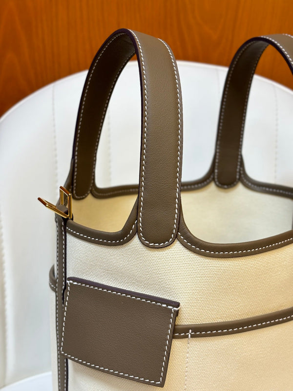 HM Picotin Lock 18CM Pocket Handbag Ivory Etoupe Swift Canvas