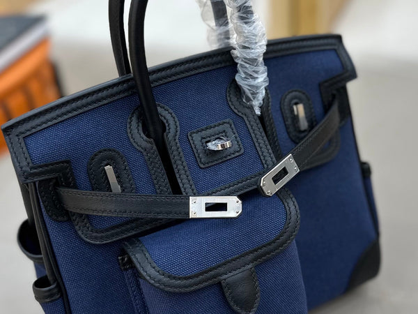 HM Birkin Cargo 25CM Handbag Black Navy Swift Canvas