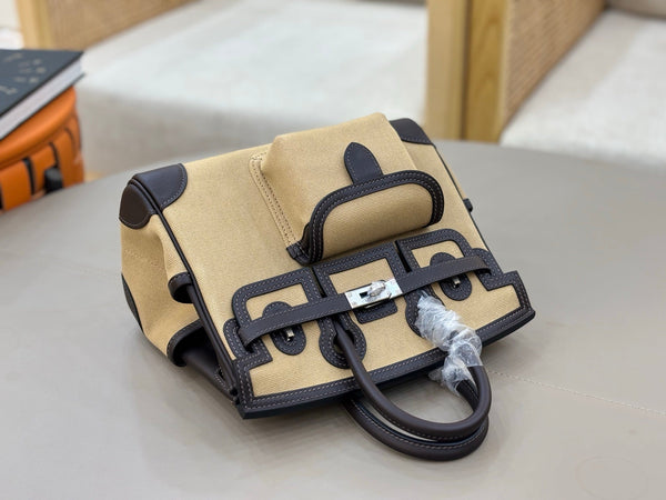 HM Birkin Cargo 25CM Handbag Black Beige Swift Canvas