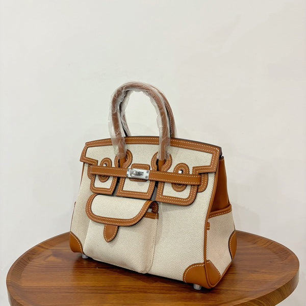 HM Birkin Cargo 25CM Handbag Ivory Brown Swift Canvas