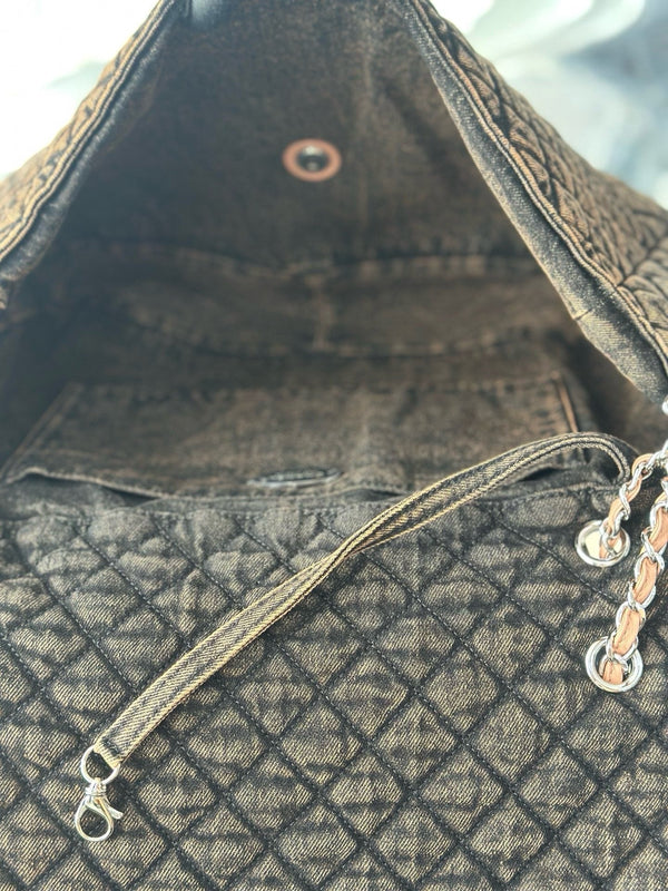 CC Quilted 38.5cm Maxi Flap Bag Army Green Imported Denim Jeans 162933