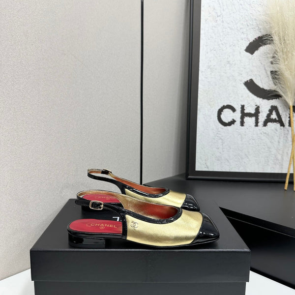 CC Slingback Flats Gold Black Patent Leather 944624