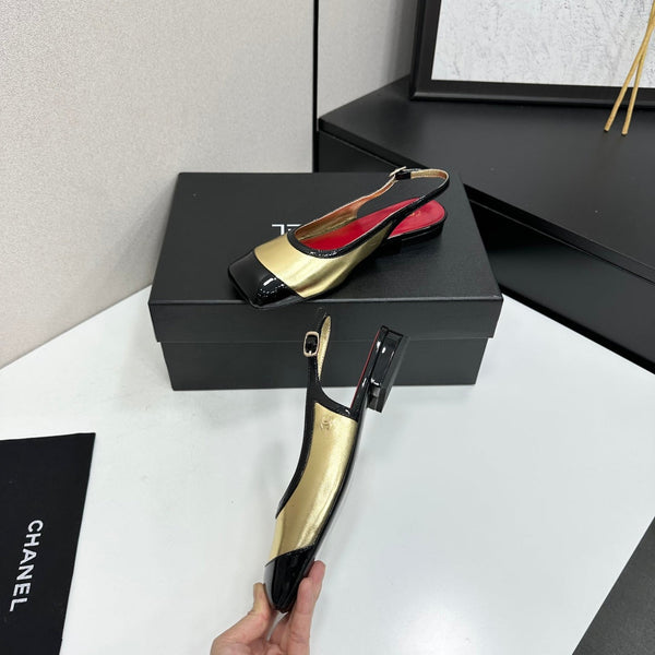 CC Slingback Flats Gold Black Patent Leather 944624