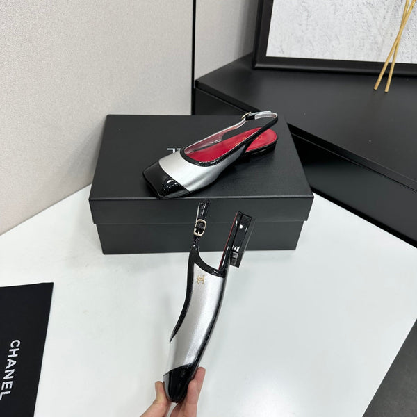 CC Slingback Flats Silver Black Patent Leather 944623