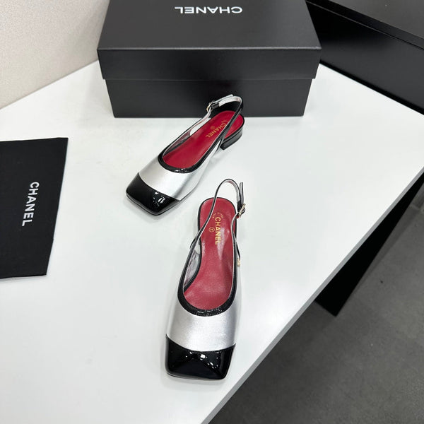 CC Slingback Flats Silver Black Patent Leather 944623