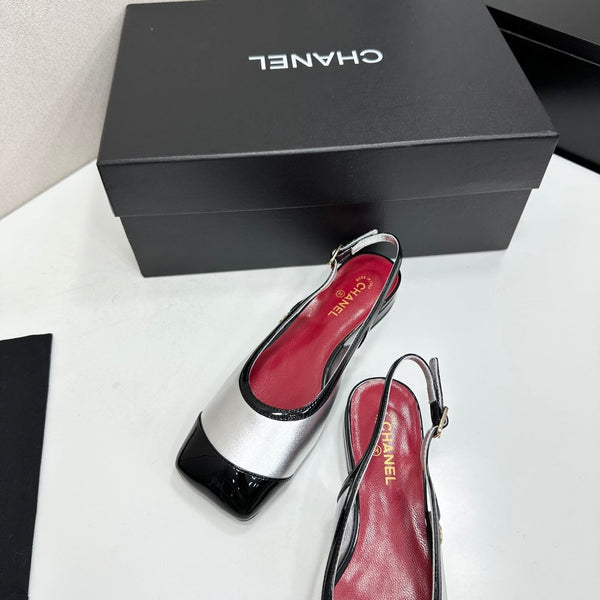 CC Slingback Flats Silver Black Patent Leather 944623