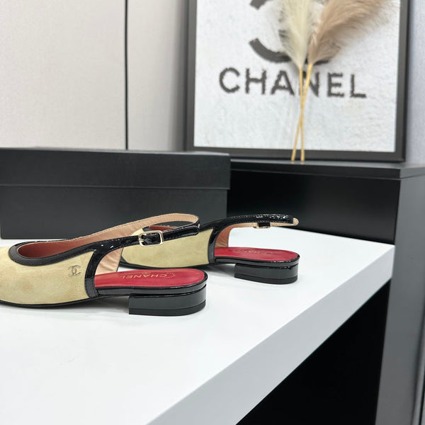 CC Slingback Flats Beige Black Suede Leather 944622