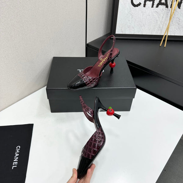 CC Métiers d'Art Apple Heel Slingback Pumps Burgundy Croc-Embossed Patent Leather 944650