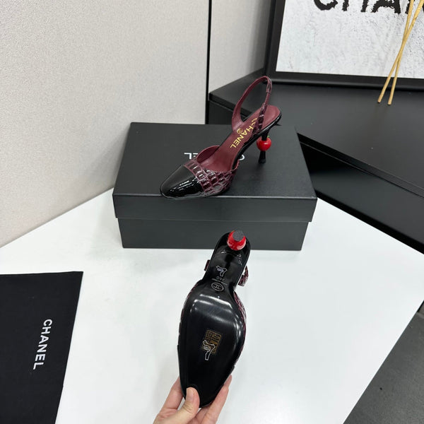 CC Métiers d'Art Apple Heel Slingback Pumps Burgundy Croc-Embossed Patent Leather 944650