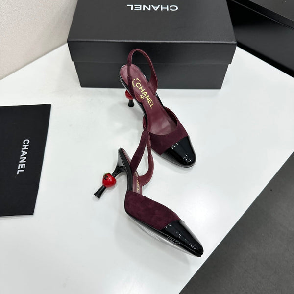CC Métiers d'Art Apple Heel Slingback Pumps Burgundy Black Suede Leather 944648