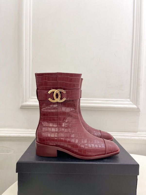 CC Double C Ankle Boots 3.5CM Burgundy Croc-Embossed Leather 946903