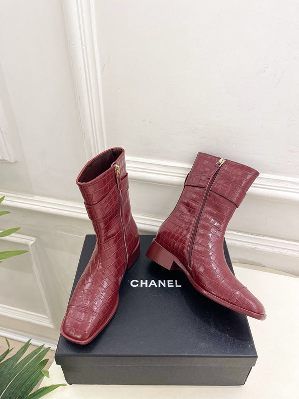 CC Double C Ankle Boots 3.5CM Burgundy Croc-Embossed Leather 946903