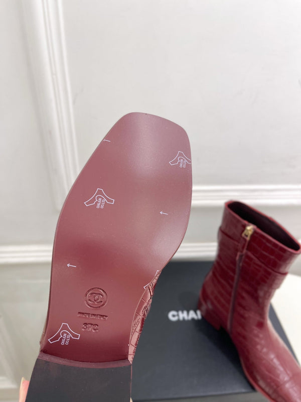 CC Double C Ankle Boots 3.5CM Burgundy Croc-Embossed Leather 946903