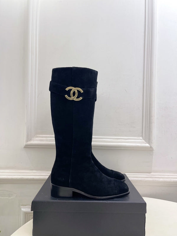 CC Double C Knee-High Boots 3.5CM Black Suede Leather 946898