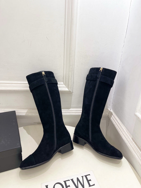 CC Double C Knee-High Boots 3.5CM Black Suede Leather 946898