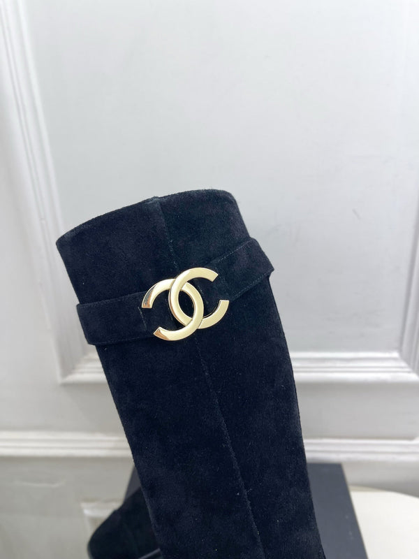 CC Double C Knee-High Boots 3.5CM Black Suede Leather 946898
