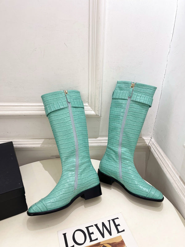 CC Double C Knee-High Boots 3.5CM Mint Green Croc-Embossed Leather 946897