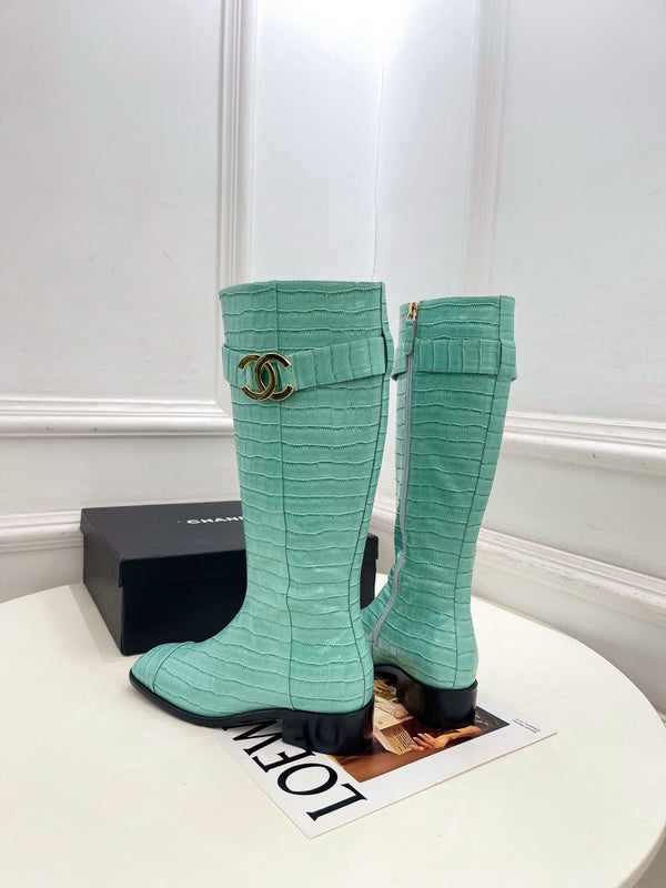 CC Double C Knee-High Boots 3.5CM Mint Green Croc-Embossed Leather 946897