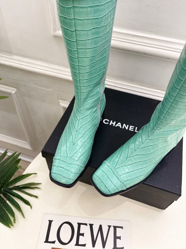 CC Double C Knee-High Boots 3.5CM Mint Green Croc-Embossed Leather 946897