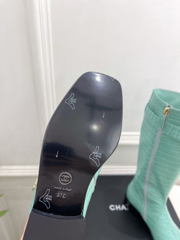 CC Double C Knee-High Boots 3.5CM Mint Green Croc-Embossed Leather 946897