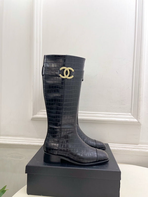 CC Double C Knee-High Boots 3.5CM Black Croc-Embossed Leather 946895