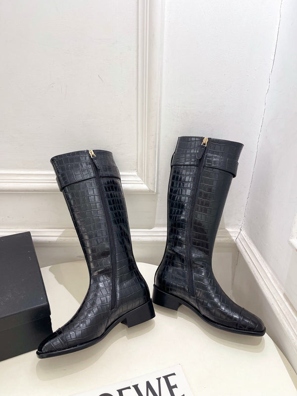CC Double C Knee-High Boots 3.5CM Black Croc-Embossed Leather 946895
