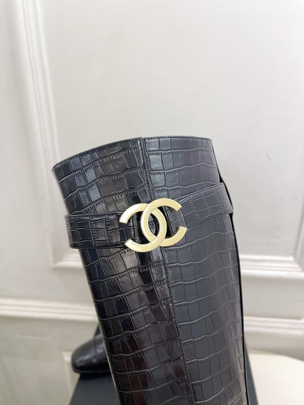 CC Double C Knee-High Boots 3.5CM Black Croc-Embossed Leather 946895