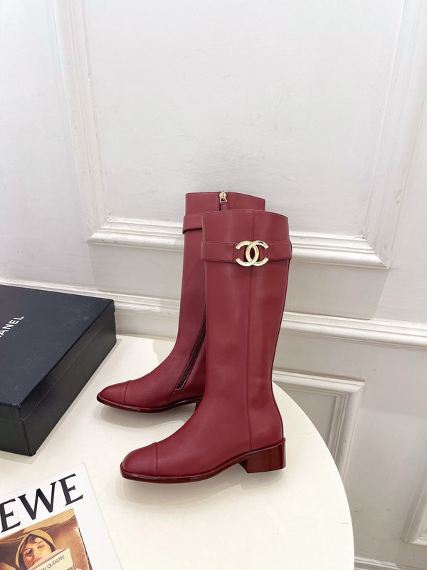 CC Double C Knee-High Boots 3.5CM Burgundy Leather 946893