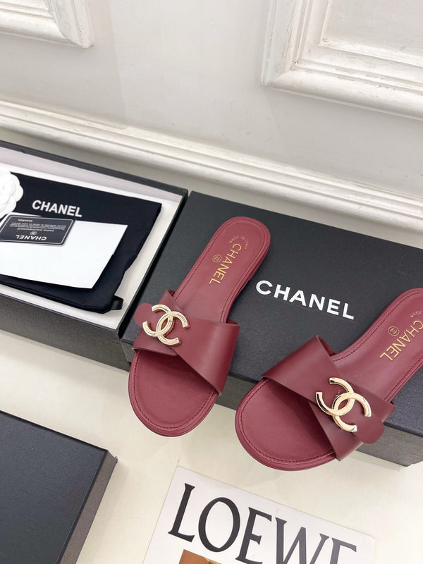 CC 26ss Pre-Collection Double C Slide Sandals Burgundy Leather 946871