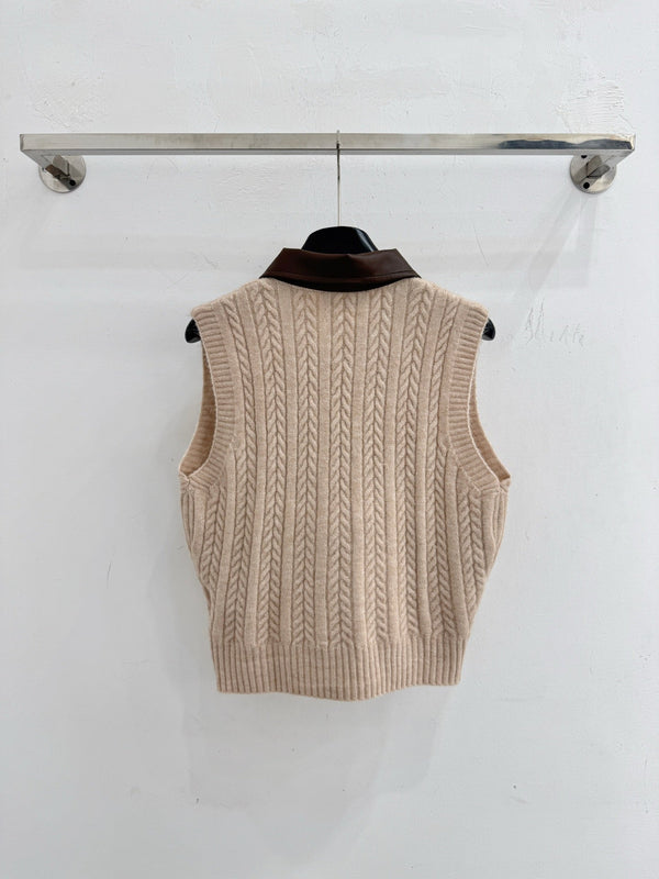 Miu Cable-Knit Zip-Up Sweater Vest Leather Collar Wool 801967