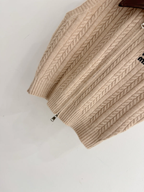 Miu Cable-Knit Zip-Up Sweater Vest Leather Collar Wool 801967