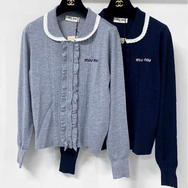 Miu Embroidered Logo Cardigan Ruffled Collar Tencel 799805