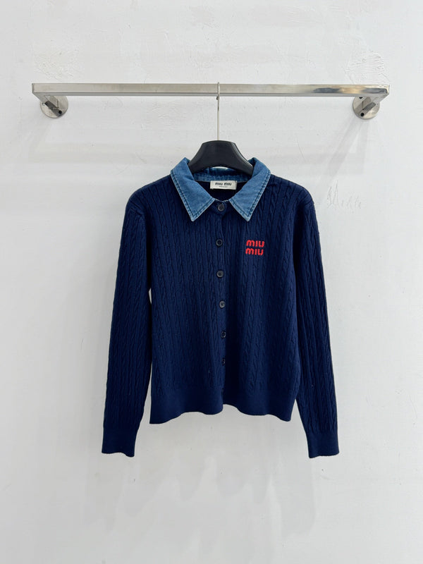 Miu Cable-Knit Cardigan Denim Collar White Wool 794380