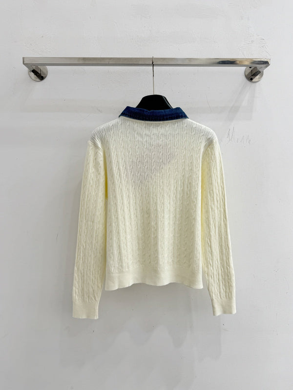 Miu Cable-Knit Cardigan Denim Collar White Wool 794380