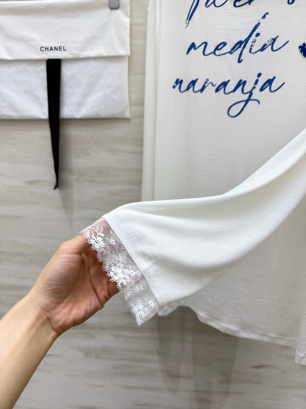 CC Hooded Lace Trim Shirt Blue Script Lettering 416094