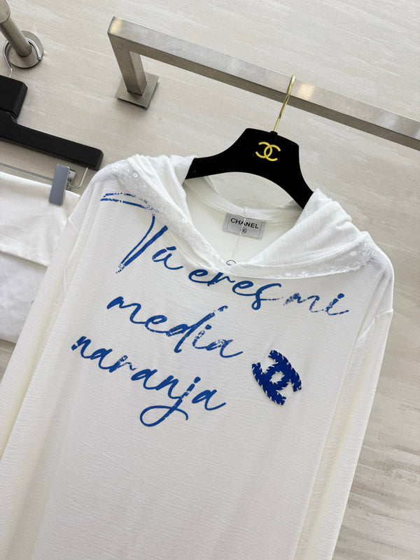 CC Hooded Lace Trim Shirt Blue Script Lettering 416094