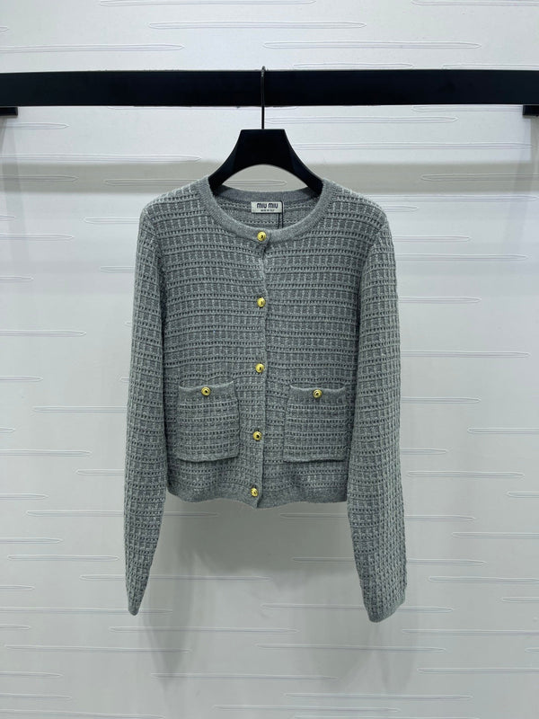 Miu Waffle-Knit Cardigan Gold Buttons Beige Wool 415898