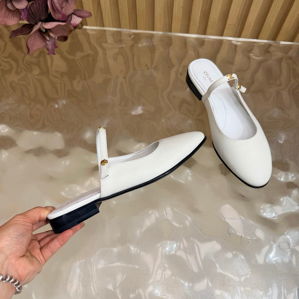 CE Macaron Triomphe Button Mules Ultra White Leather 949377