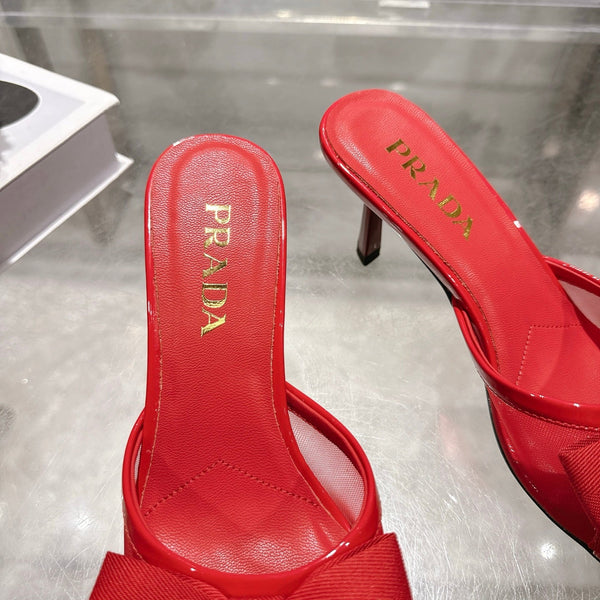 Prad Bow-Detail Kitten Heel Mules 7.5CM Red Leather 951939