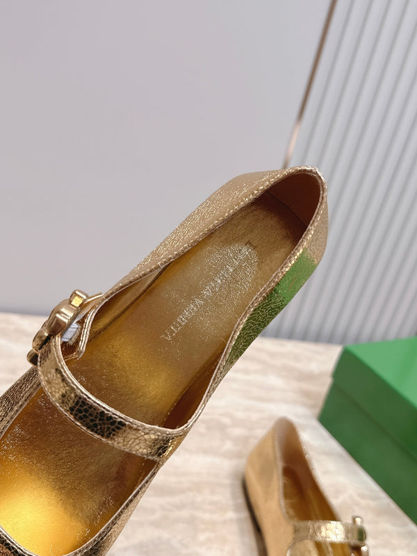 BV Charlotte Mary Jane Flat Gold Cowhide Leather 954582